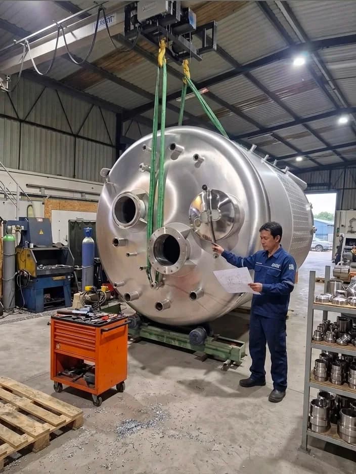 Heavy Duty Stainless Steel Tank Proses Quality Control (QC) dan inspeksi dimensi fabrikasi tangki stainless steel skala besar tipe dimple jacket di workshop fasilitas PT BSE