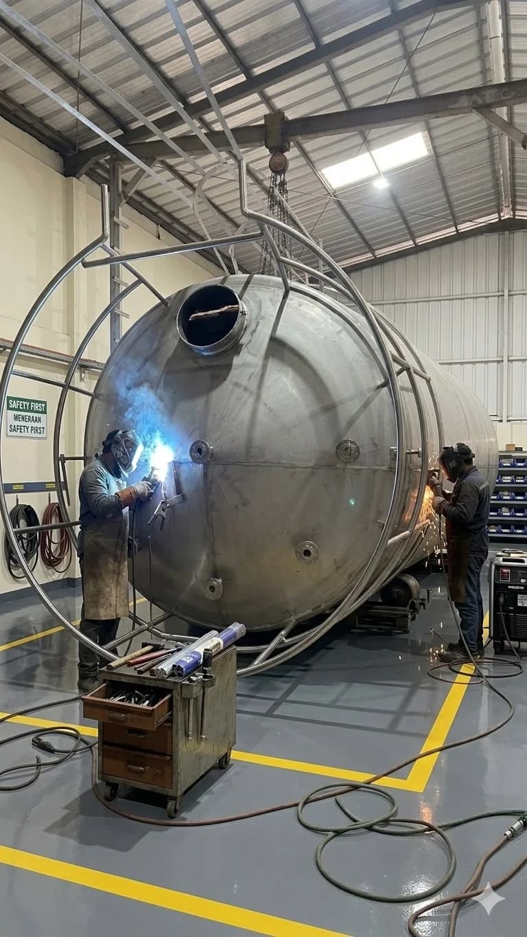 Large Capacity Storage Tank Fabrication Proses pengelasan dan perakitan tangki penyimpanan (storage tank) stainless steel skala besar oleh tenaga welder profesional di workshop PT BSE yang mengutamakan K3.