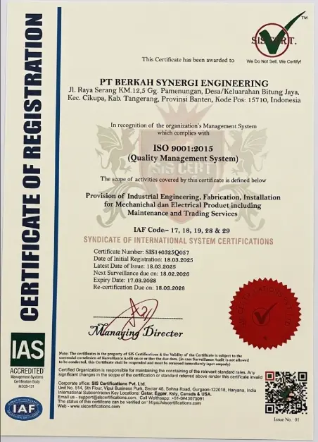 Sertifikat Resmi ISO 9001:2015 Quality Management System PT Berkah Synergi Engineering